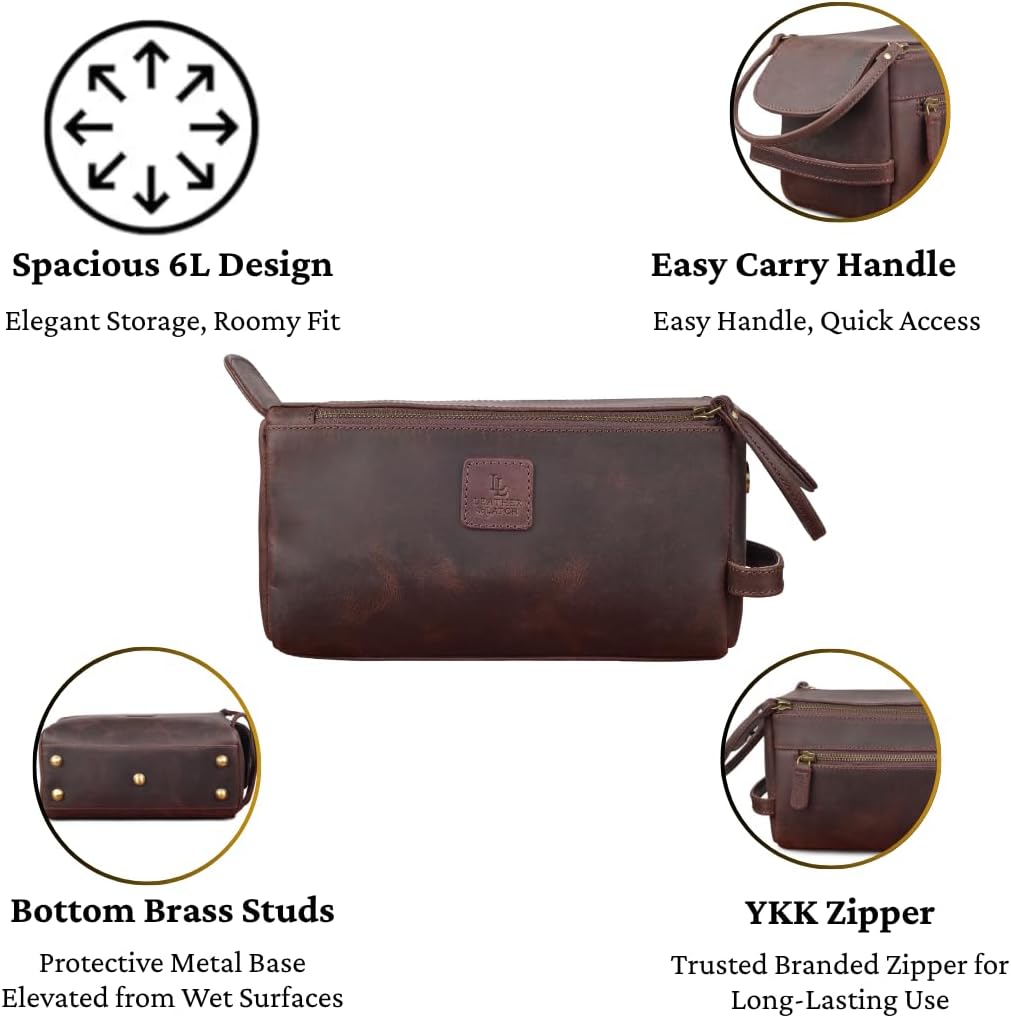 Leather Travel Toiletry Bag for Men & Women – Genuine Leather Dopp Kit, Shaving Organizer, Waterproof Lining, Spacious Toiletry Organizer Gift for Unisex - Walnut Brown