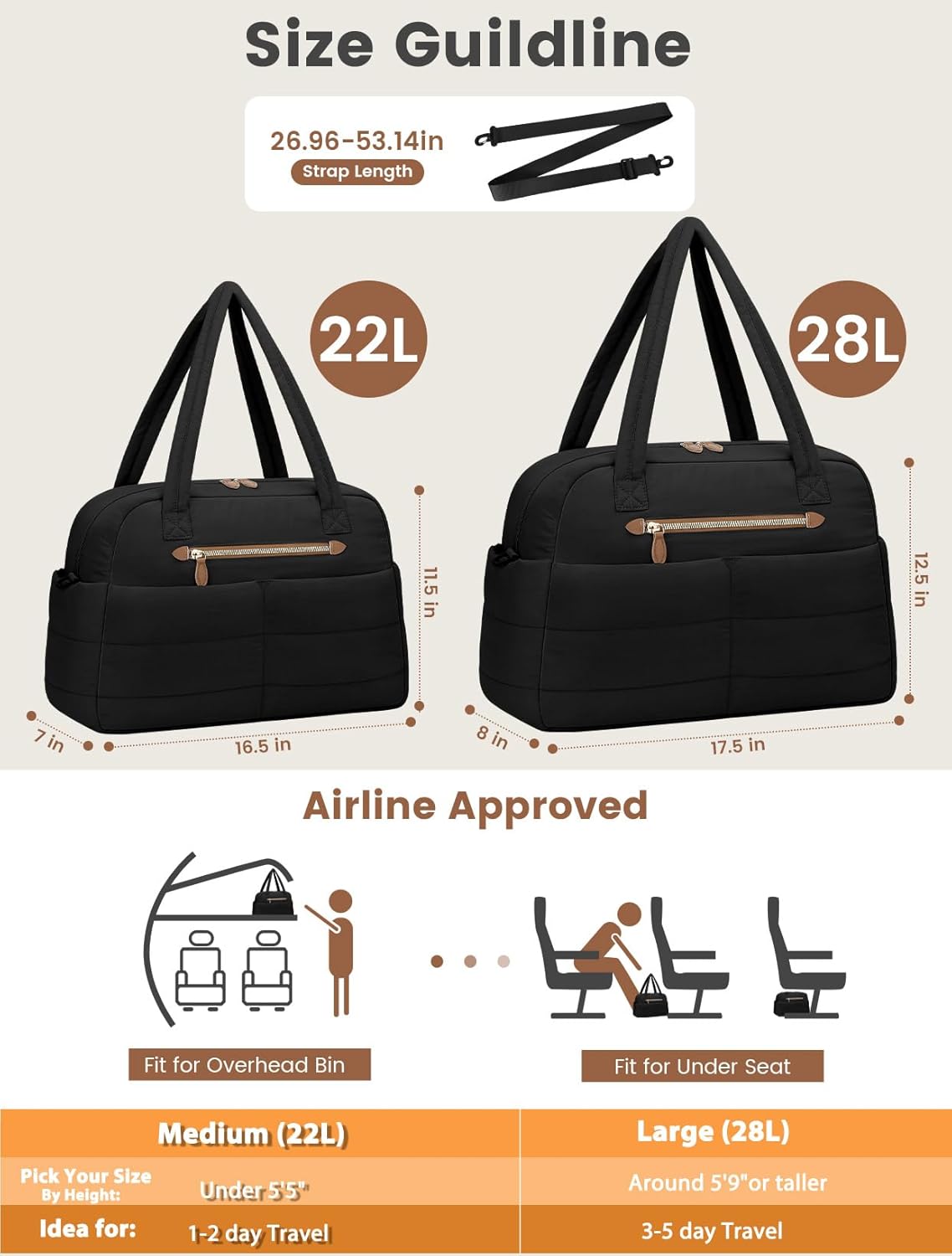 Travel Duffle Bag,Puffer Carry On Duffel Bag with Laptop Compartment Waterproof Overnight Weekender Bags for Women Large Hospital Tote Bags for Labor and Delivery(Large,Black)