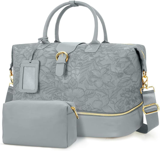 Leather Weekender Bags for Women, Travel Duffel Bag PU Overnight Bag Carry On Tote Bag with Shoe Compartment Wet Pocket