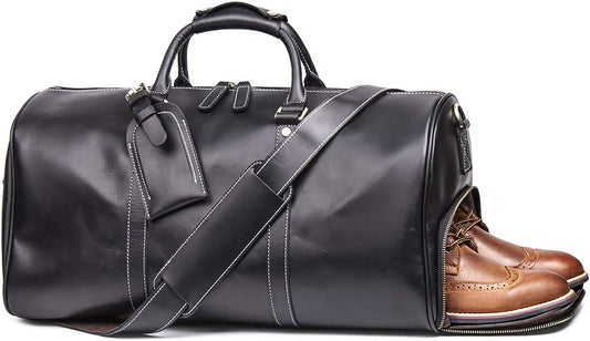 Leather Travel Luggage Bag, Mens Duffle Retro Carry on Handbag(Black, 22 Inch)
