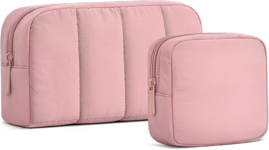 oscaurt 2 Pcs Makeup Bag Travel Toiletry Bag for Women Puffy Padded Cosmetic Pouch Purse Wide-open Makeup Organizer Case Travel Essentials