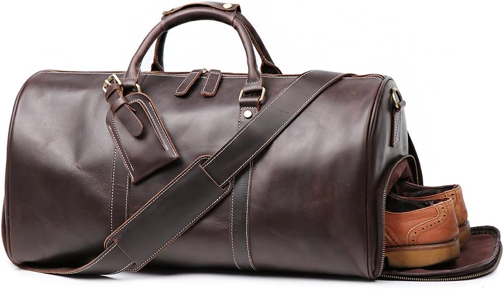Leather Travel Luggage Bag, Mens Duffle Retro Carry on Handbag (Dark Browm, 22 Inch)