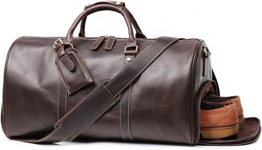 Leather Travel Luggage Bag, Mens Duffle Retro Carry on Handbag (Dark Browm, 22 Inch)