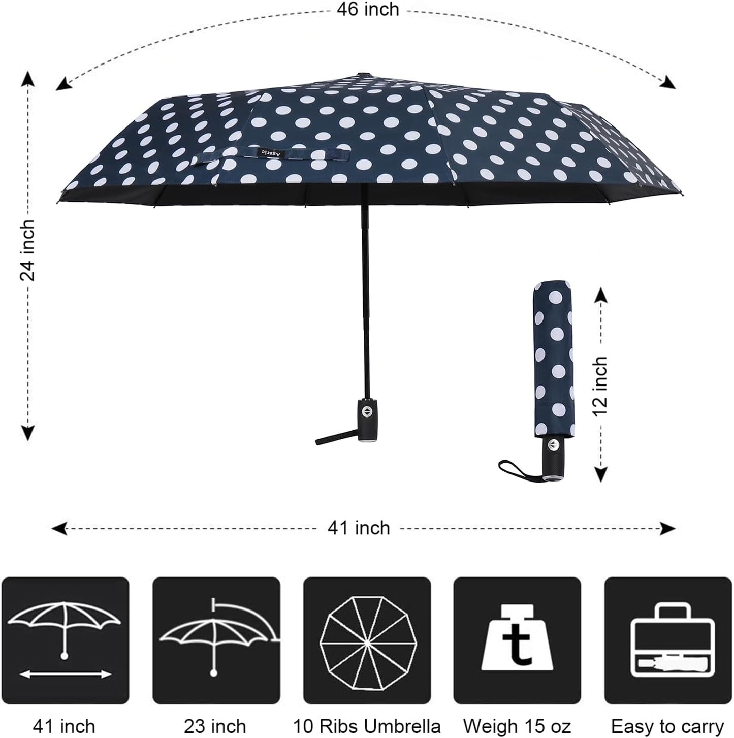 Agaric Cute Polka Dots Large Travel Umbrella for Rain & Sun, 46” UV Protection Auto Open Close Waterproof Folding Umbrella Windproof Compact Umbrella