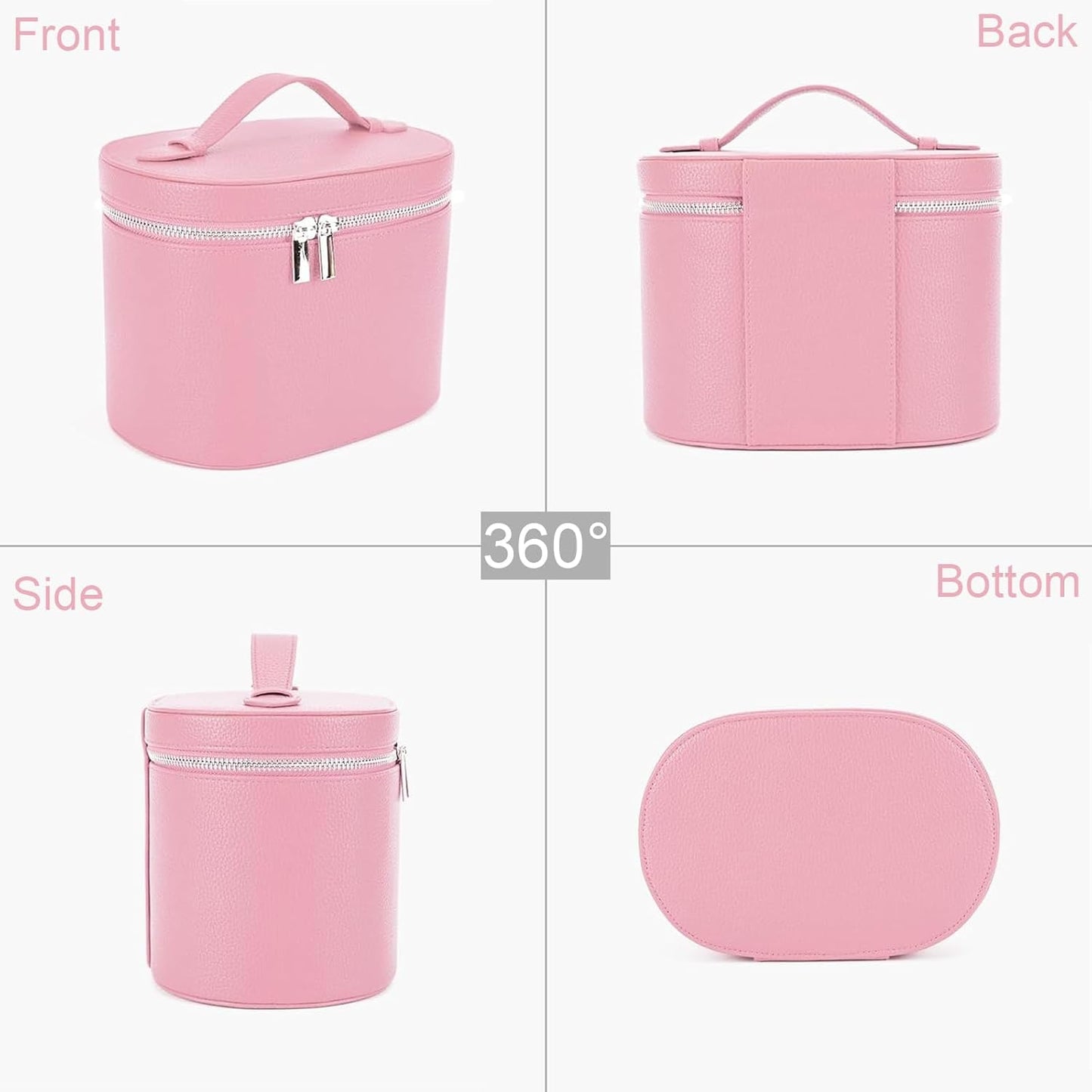 Leather Make Up Bags With Compartments, Pink Travel Cosmetic Bags for Women, Parallel Makeup Travel Bags Organizer Equipped With a Detachable Divider
