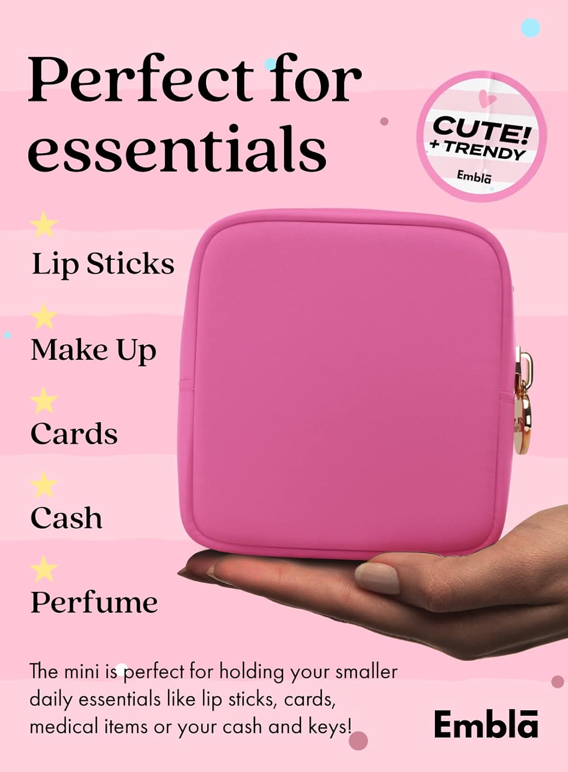 Embla Makeup Bag Travel Cosmetics Pouch and Toiletry Bag, Nylon Zipper Pouch Purse, Cute Make Up Organizer Storage Tote for Women Girls, Travel Skincare Case, Small Makeup Bags, Bubblegum