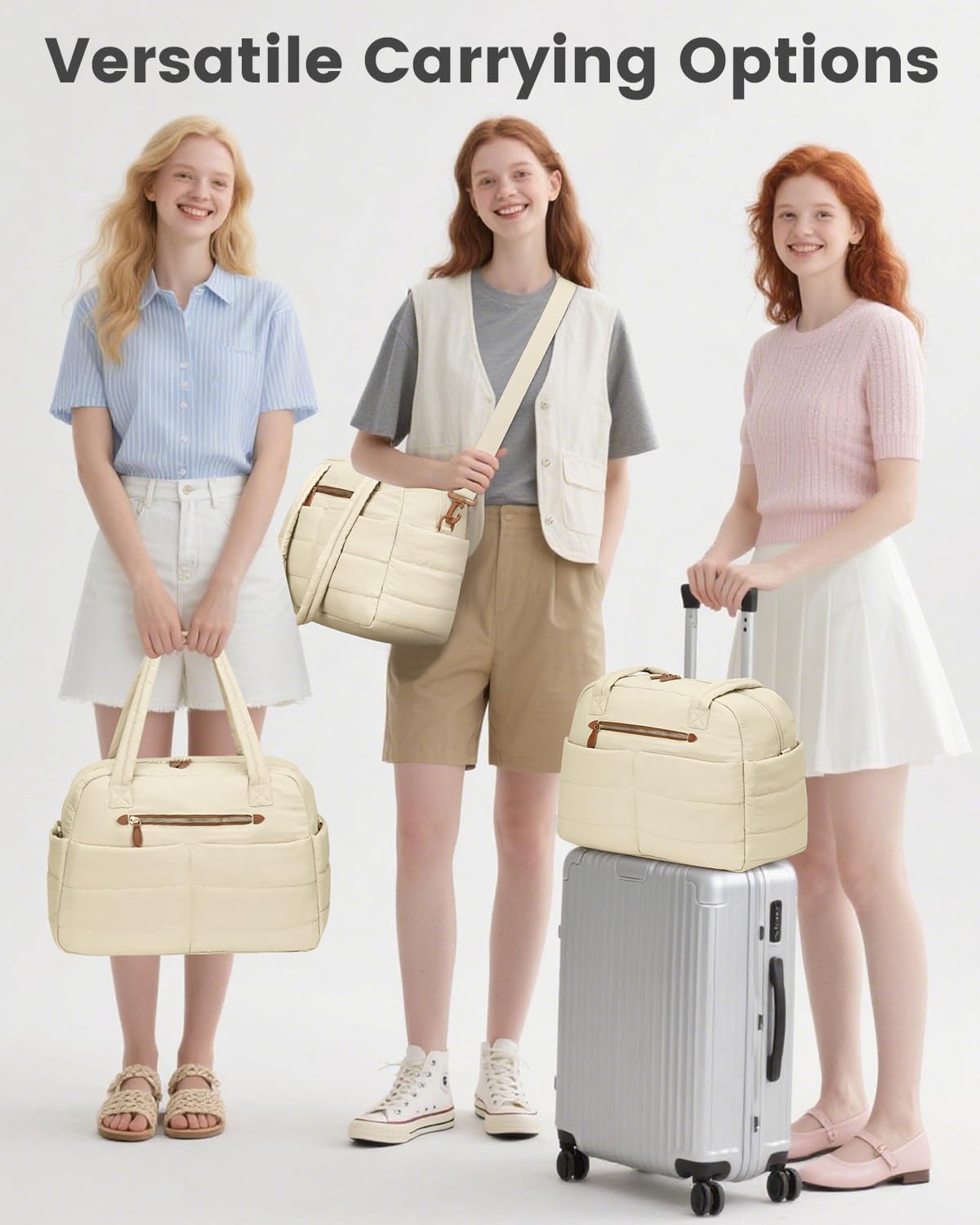 Travel Duffle Bag,Puffer Carry On Duffel Bag with Laptop Compartment Waterproof Overnight Weekender Bags for Women Large Hospital Tote Bags for Labor and Delivery(Medium,Beige）