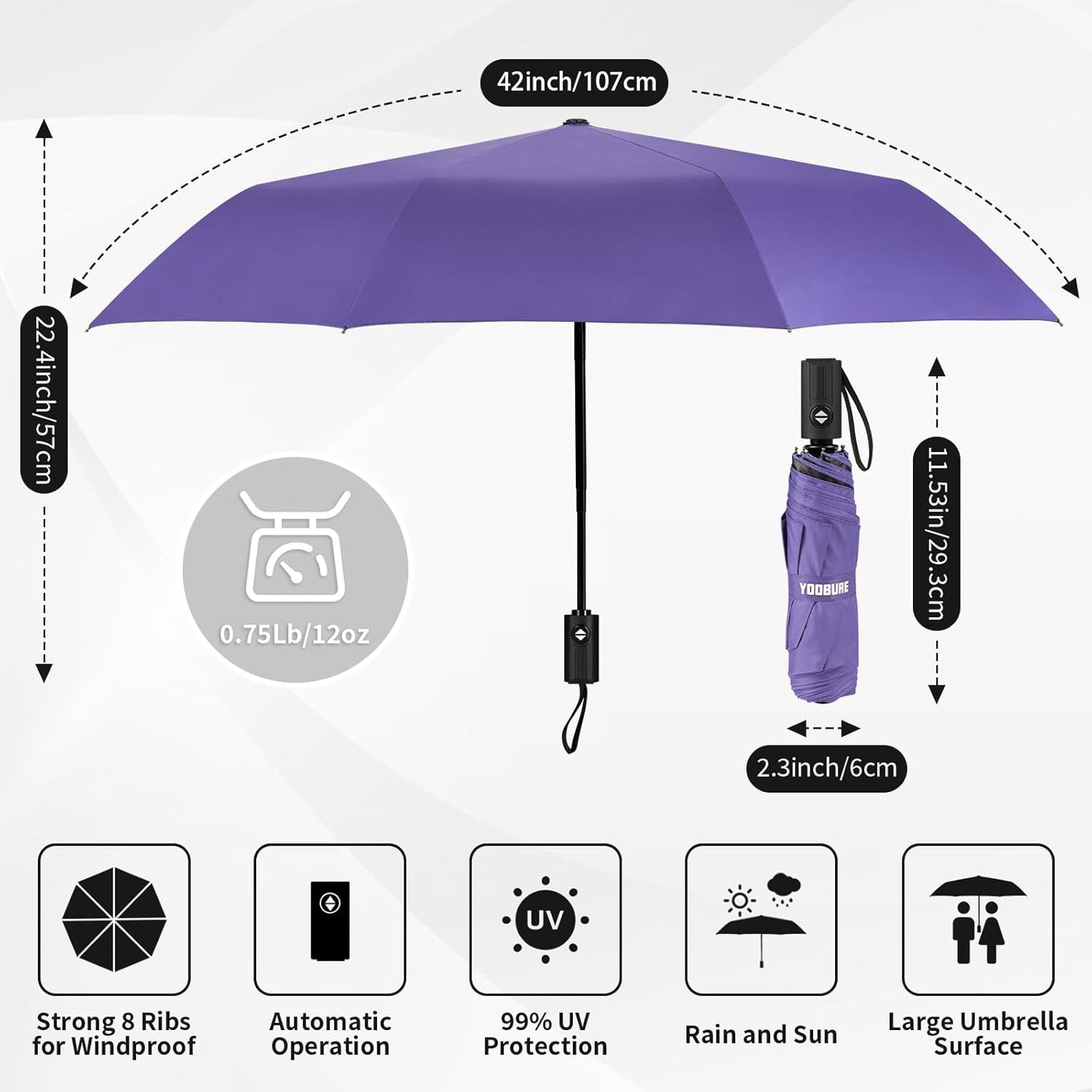 Yoobure Windproof Travel Umbrella - Automatic Umbrellas for Rain, Compact Folding Umbrella with UV Protection, Lightweight Portable Design for Backpack/Walking/Car, Sun & Storm Ready