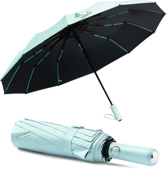 Large Double-Ribs Umbrella Automatic Folding Umbrella for Women Men, Travel, UPF 50+ UV Protection,46-Inch, 12 Ribs, Light Green