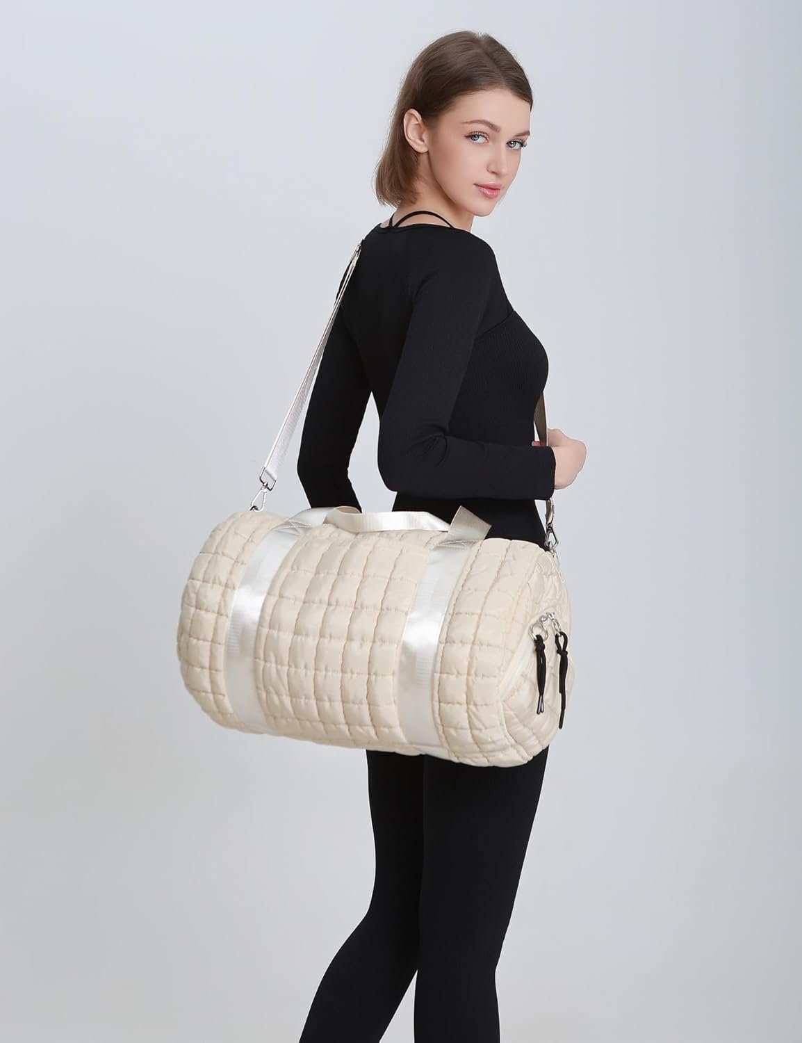 Quilted Duffel Gym Bag for Men and Women Carry On Travel Sport Weekender Bag, Off White