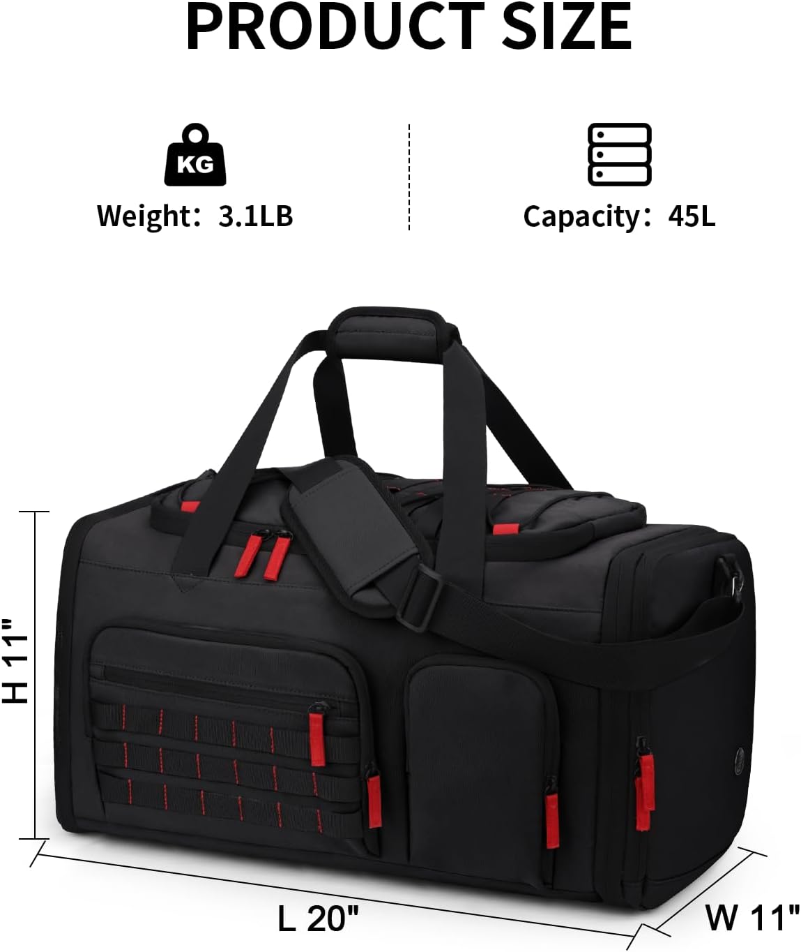 Gym Bags for Men Women, 45L Sports Travel Duffle Bag with Shoe Compartment, 3 in 1 Weekener Overnight Backpack with Wet Pocket, Black