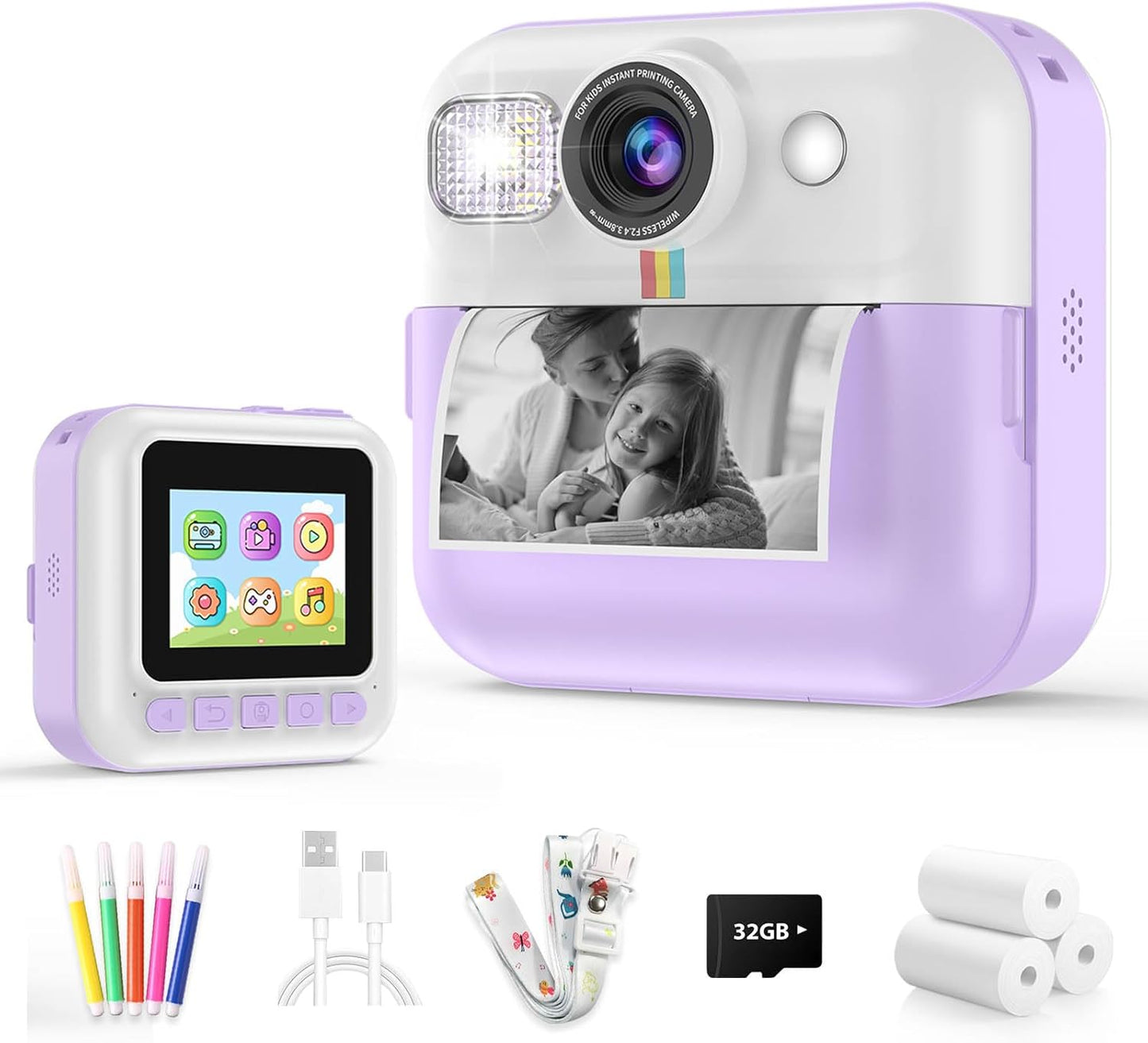 Kids Instant Print Camera, Christmas & Birthday Gift for Girls & Boys, Digital Camera with 32GB Card, 1080P Video, Portable Purple Toy for Ages 3-10