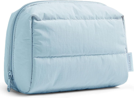 BAGSMART Cute Puffy Makeup Bag, Wide Opening Cosmetic Bag Compact & Spacious, Water-Resistant Travel Organizer Pouches for Women (Baby Blue)
