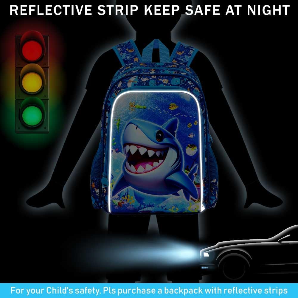 16" Shark Backpack for Boy, 3Pcs School Backpacks with Lunch Box, Kids Bookbag for Elementary Preschool Kindergarten(Blue)
