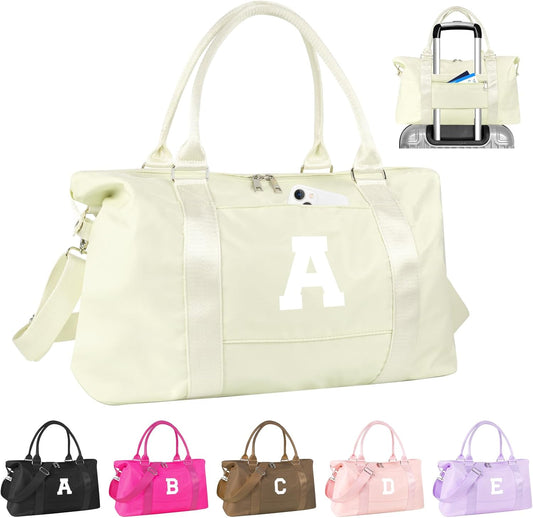 Initial Travel Duffel Bag Sports Gym Bag for Kids Teen Birthday Gifts,Beige Personalized Weekender Carry On Dance Bags for Women Men,Waterproof Monogram Overnight Bag with Trolley Sleeve(Letter A)