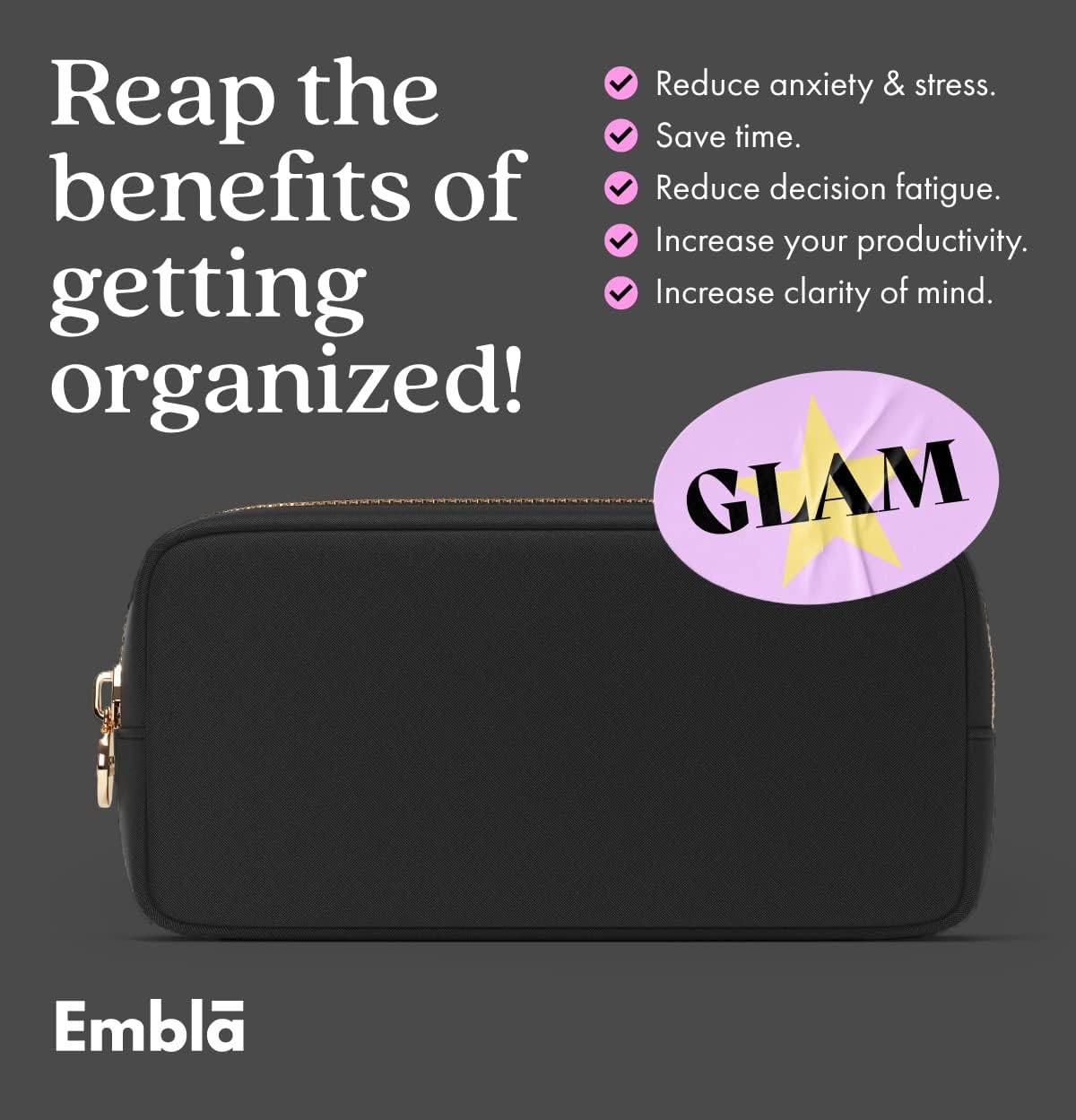 Embla Makeup Bag Travel Cosmetics Pouch and Toiletry Bag, Nylon Zipper Pouch Purse, Cute Make Up Organizer Storage Tote for Women Girls, Waterproof Travel Skincare Case, Small Makeup Bags, Black