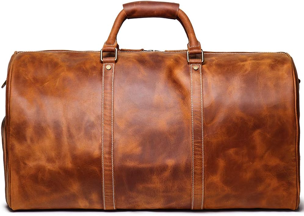 Leather Travel Luggage Bag, Mens Duffle Retro Carry on Handbag(Brown, 24 Inch)