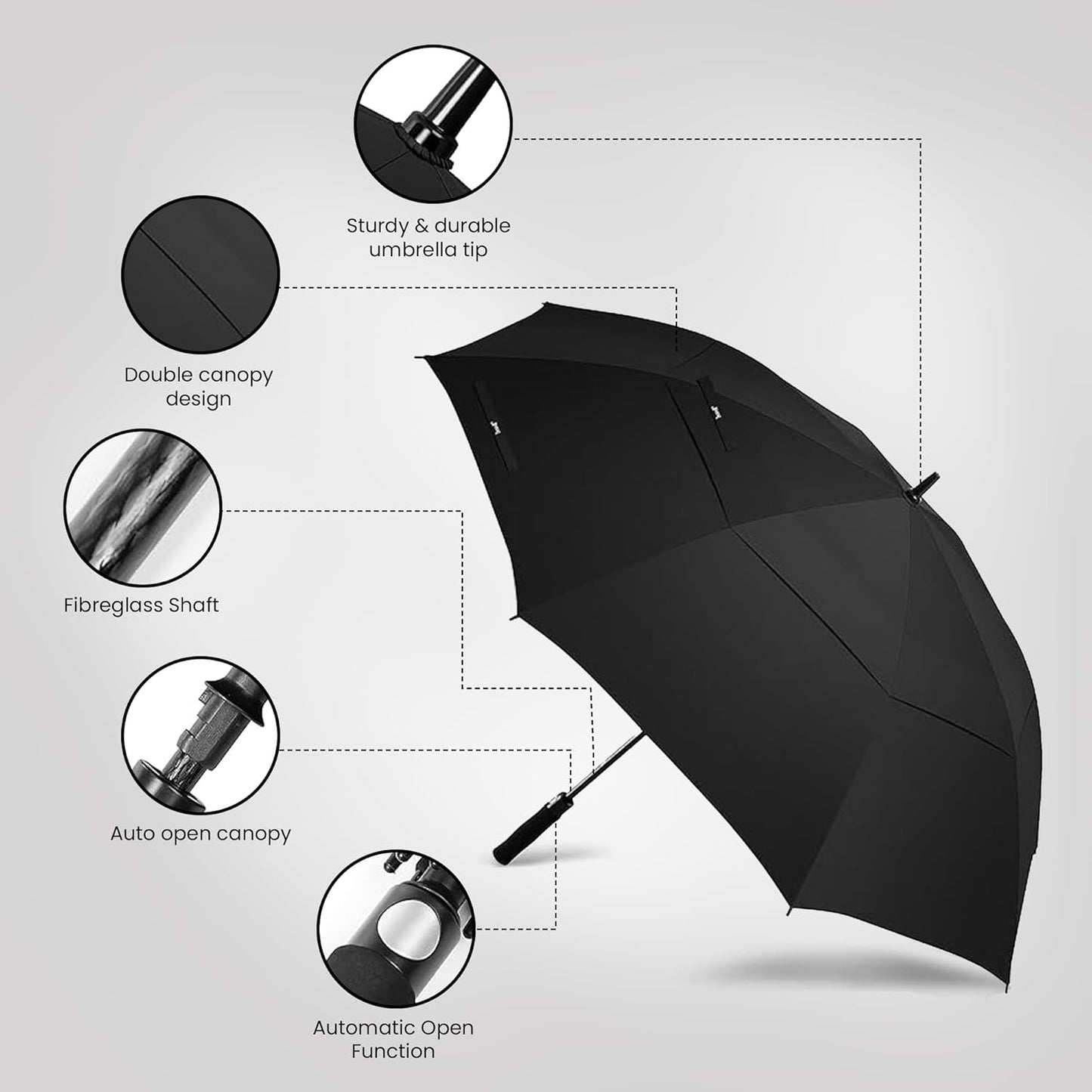 Golf Umbrella Windproof - 62/54/47 Inch Large Umbrellas For Rain Heavy Duty - Automatic Open Ultimate UV Protection - Water Repellent Double Canopy Vented - Best Sports Umbrella