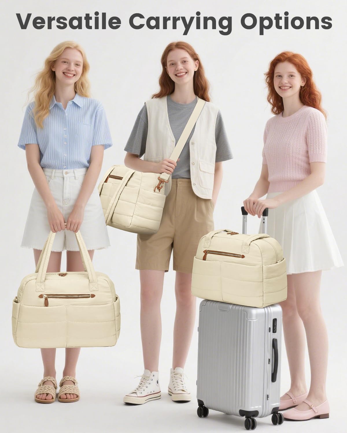 Travel Duffle Bag,Puffer Carry On Duffel Bag with Laptop Compartment Waterproof Overnight Weekender Bags for Women Large Hospital Tote Bags for Labor and Delivery(Large,Beige)