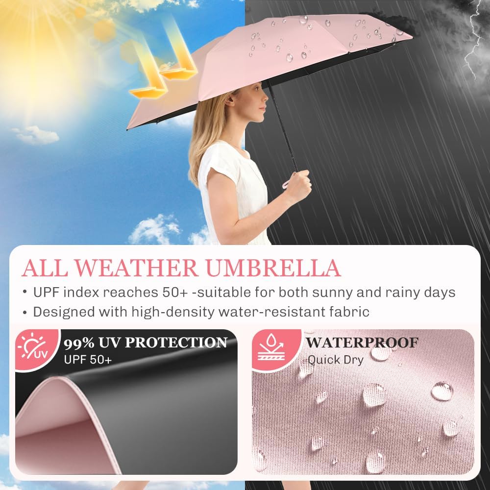 TOPSAIL Mini Umbrella Compact for Travel, UV Sun Protection(UPF50+), Waterproof for Light Rain, Suitable for Women & Kids With a Case, Manual Folding Small Pocket Size Ufor Backpack/Purse