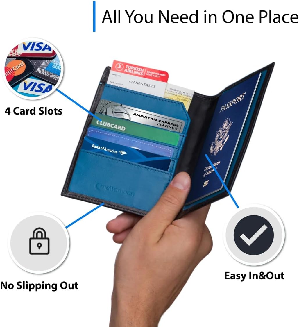 Leather Passport Holder for Men & Women – Genuine Leather RFID Travel Wallet – Slim Handmade Passport Cover with Card Slots & Document Pockets – Bicolor Black & Blue Design