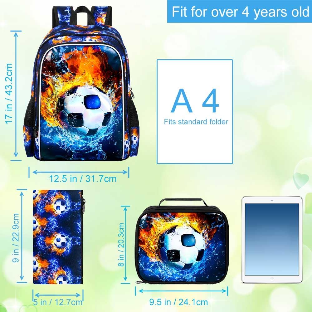 17" Soccer Backpack for Boy, 3Pcs Football School Backpacks with Lunch Box, Kids Bookbag for Elementary Preschool Kindergarten(Blue)