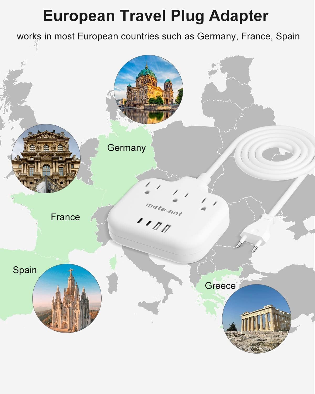 European Travel Plug Adapter, US to Europe Plug Adapter with 3 Outlets & 4 USB(2 USB-C), 5ft European Power Cord, International Power Strip, Type C for Europe EU Germany France, Travel, White