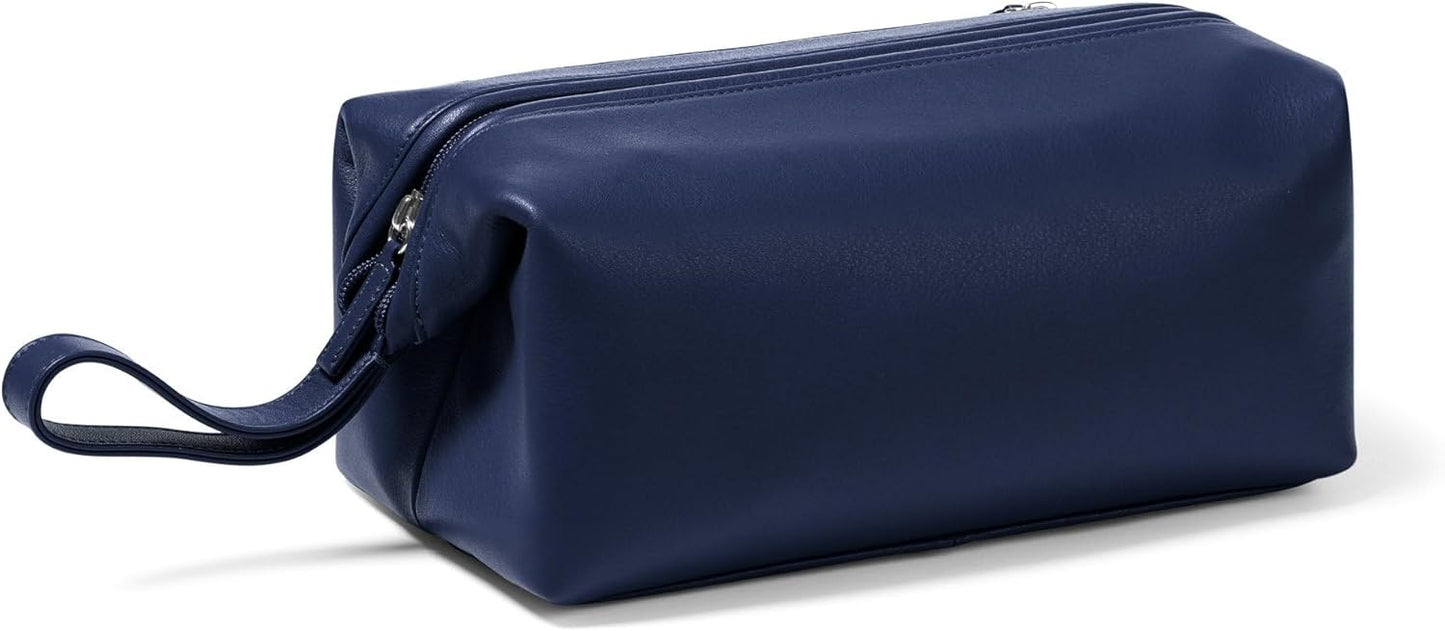 Leatherology Navy Blue Framed Toiletry Bag – Full Grain Leather Dopp Kit for Men with Wide-Mouth Opening, Interior & Exterior Zippered Pockets, Water-Resistant Lining