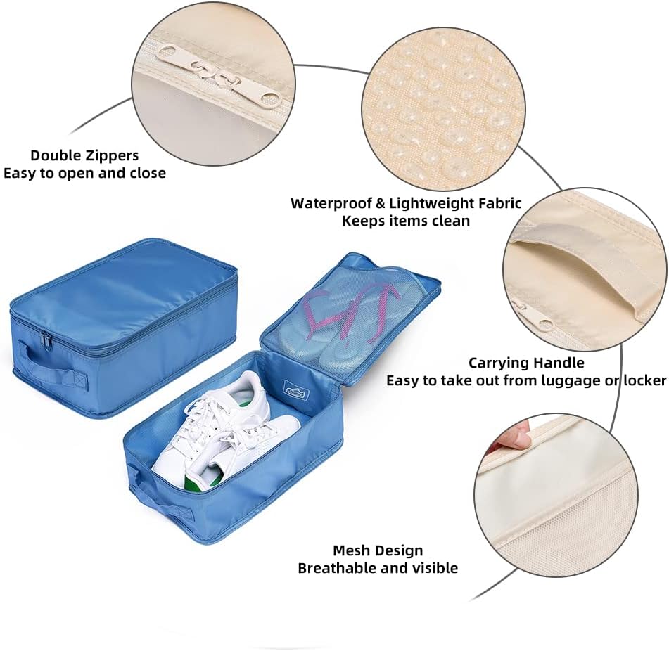 Travel Shoe Bags, Foldable Waterproof Shoe Pouches Organizer-Double Layer (8 Seablue Shoe Bags)