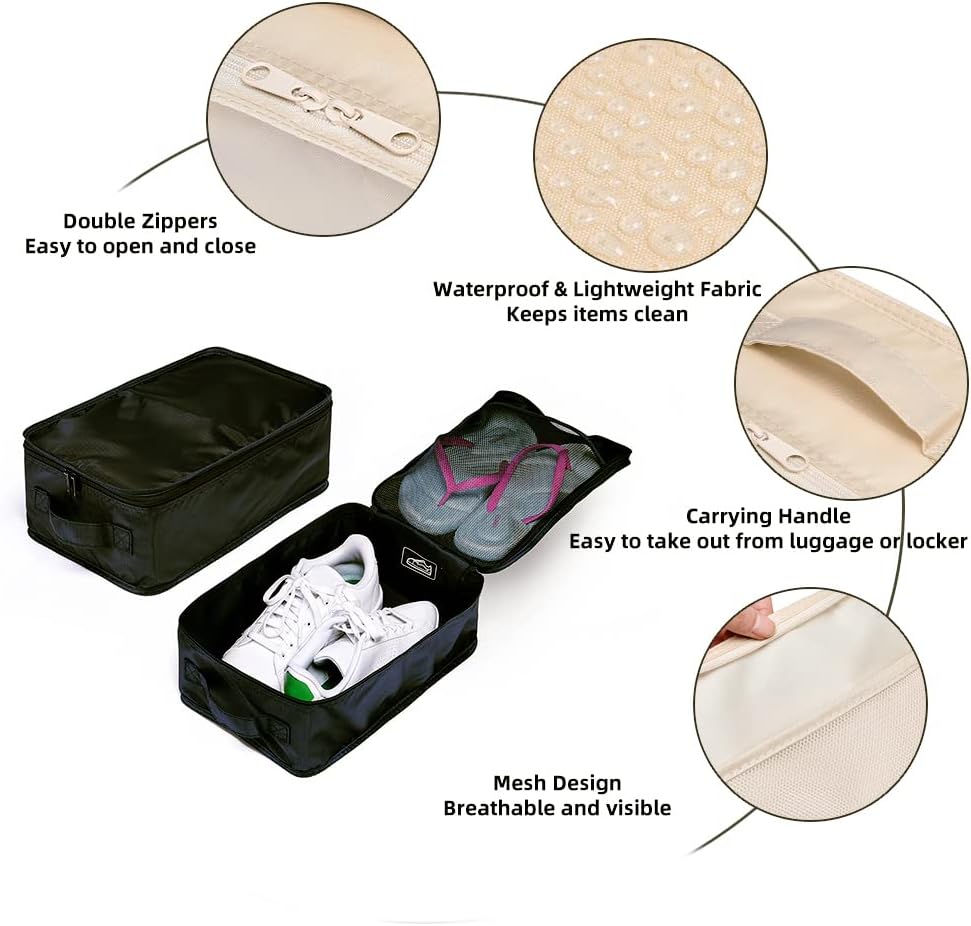 Travel Shoe Bags, Foldable Waterproof Shoe Pouches Organizer-Double Layer (4 Black Shoe Bags)