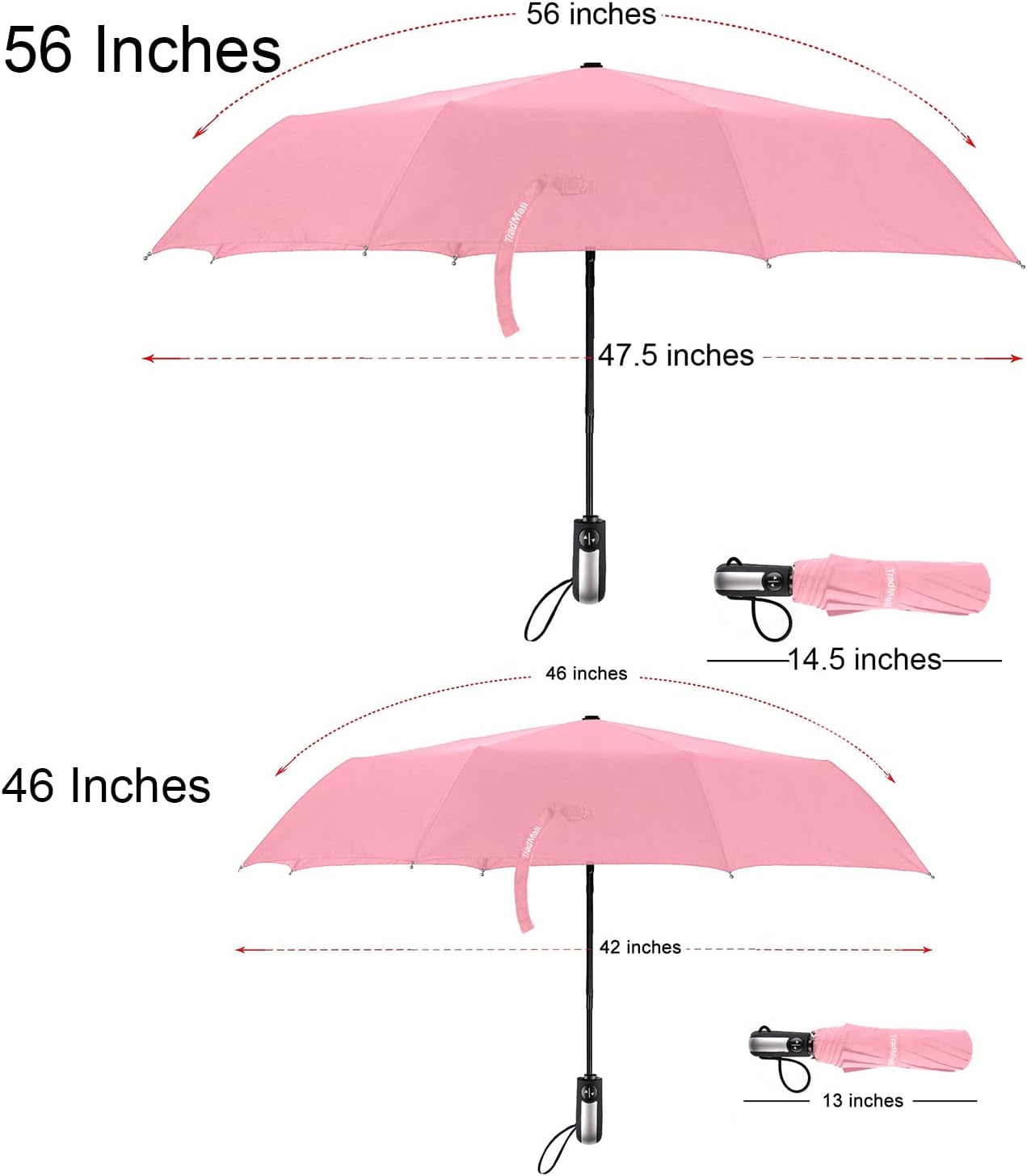 TradMall 2 Pack Travel Umbrella Windproof 46/56 Inches Large Canopy Reinforced Fiberglass Ribs Auto Open & Close