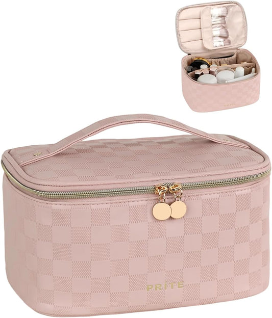 Prite Makeup Bag Portable Cosmetic Organizer with Brush Holder Waterproof Travel Toiletry Bag for Women with Handle and Divider (Checkered Pink)