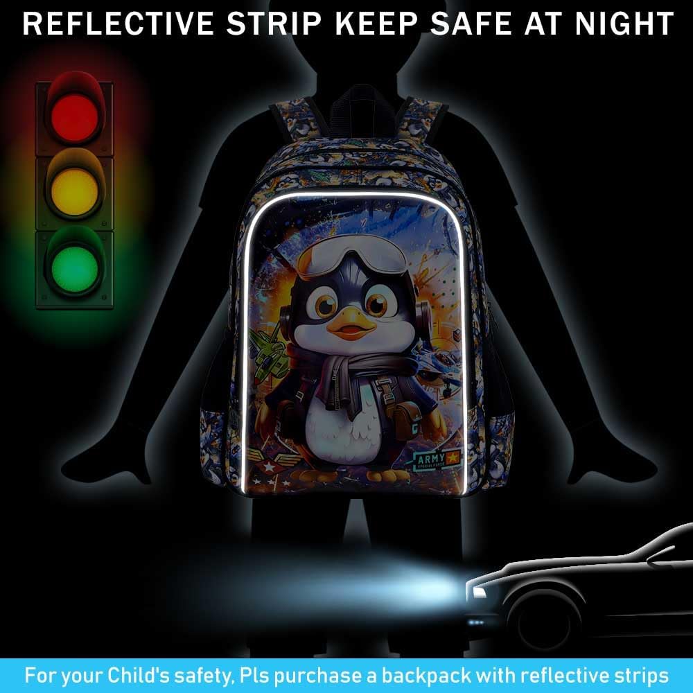 16" Backpack for Boys, 3Pcs Kids Bookbag with Lunch Box, Penguin School Backpacks for Elementary Preschool Kindergarten (Black)