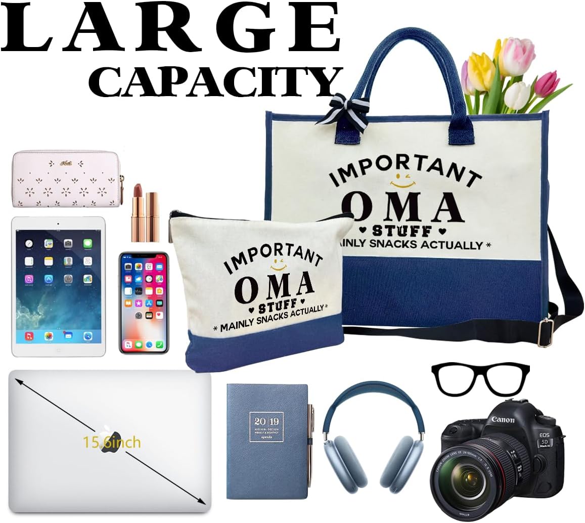 Important Oma Bag Gifts, Canvas Tote Bag for Grandma, Grandma Gifts, Cosmetic Bag, Beach Bag and Makeup bag, Travel Bag Gifts for Oma, Canvas Tote Bag With Zipper, Mothers Day Christmas Gifts A44
