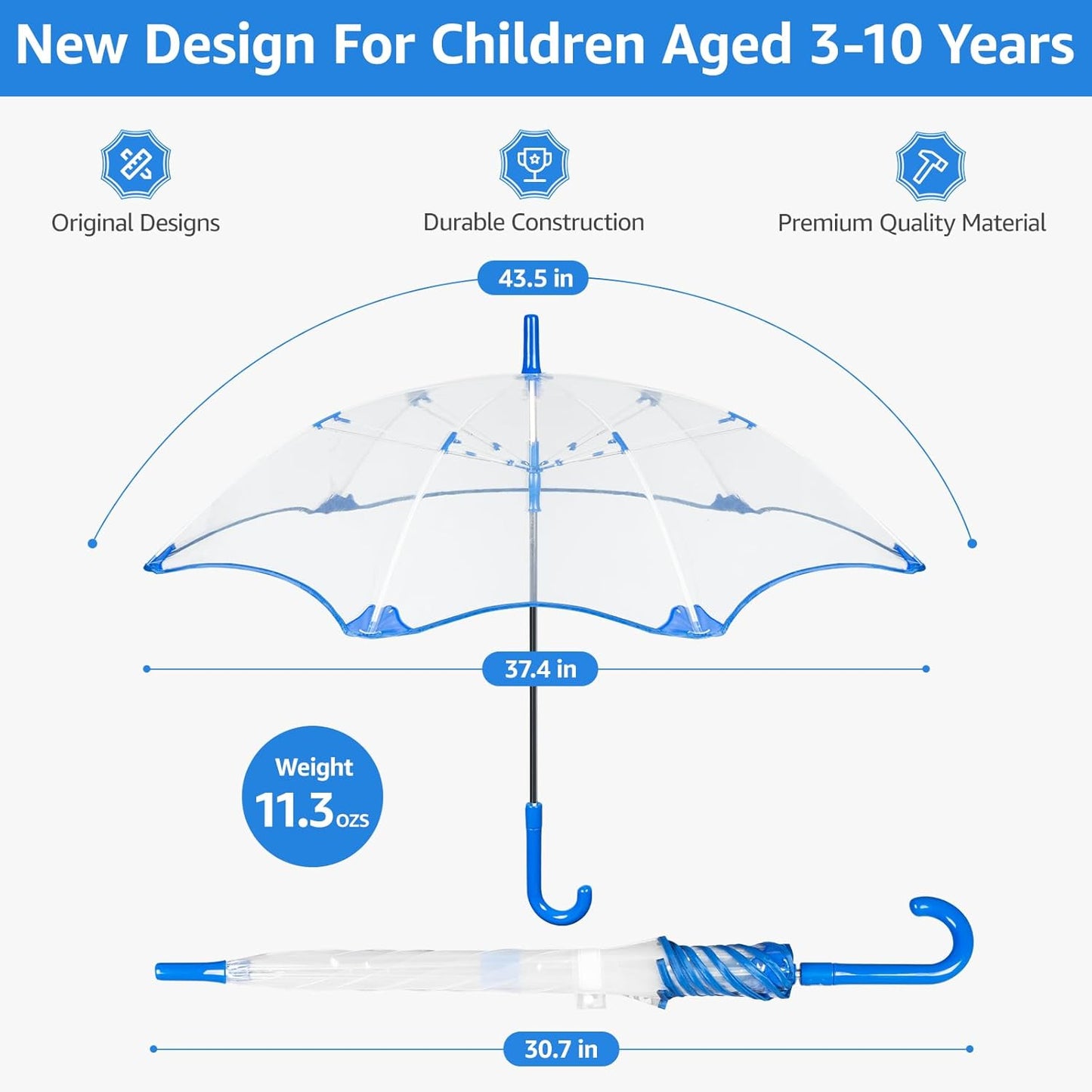 2Pcs Kids Clear Umbrella for Rain, Round Bubble Umbrella,Wide Coverage Arc 43 Inch,Auto Close,Windproof Strong Double Fiberglass Ribs With Spring Supporting for Each 6 Panels, Steel Shaft, Spoke Big Protectors for Safety