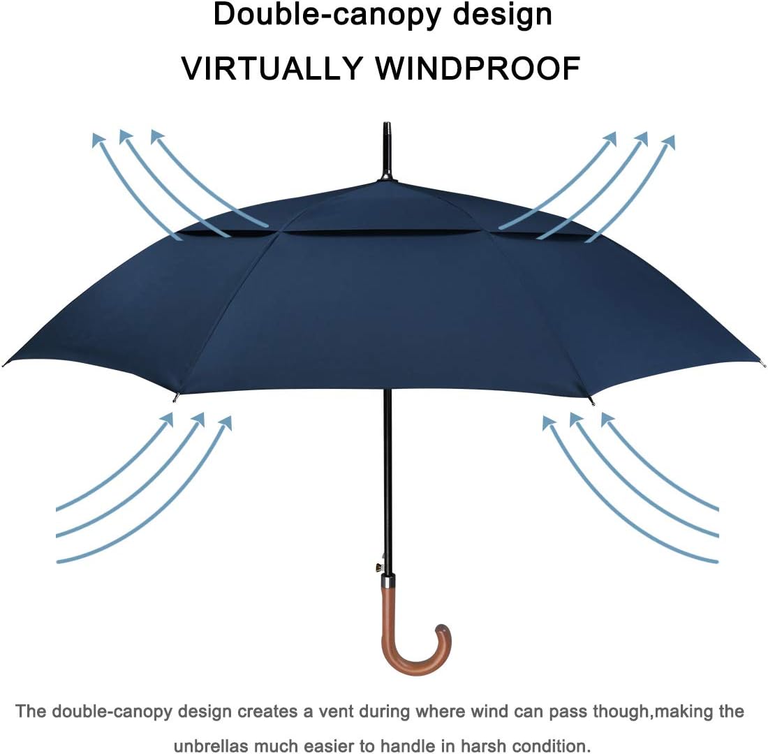 G4Free 52/62inch Wooden J Handle Golf Umbrella Windproof UV Protection Classic Stick Wedding Cane Umbrellas, Auto Open Cane Hook Handle