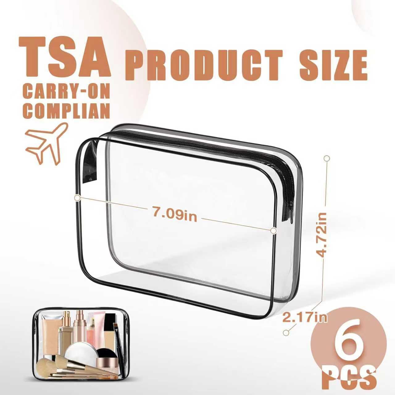 6 Pack Clear Toiletry Bag, TSA Approved Makeup Pouch Water Resistant Portable Travel Organizer, Carry On PVC Cosmetic for Airport Airline Complian