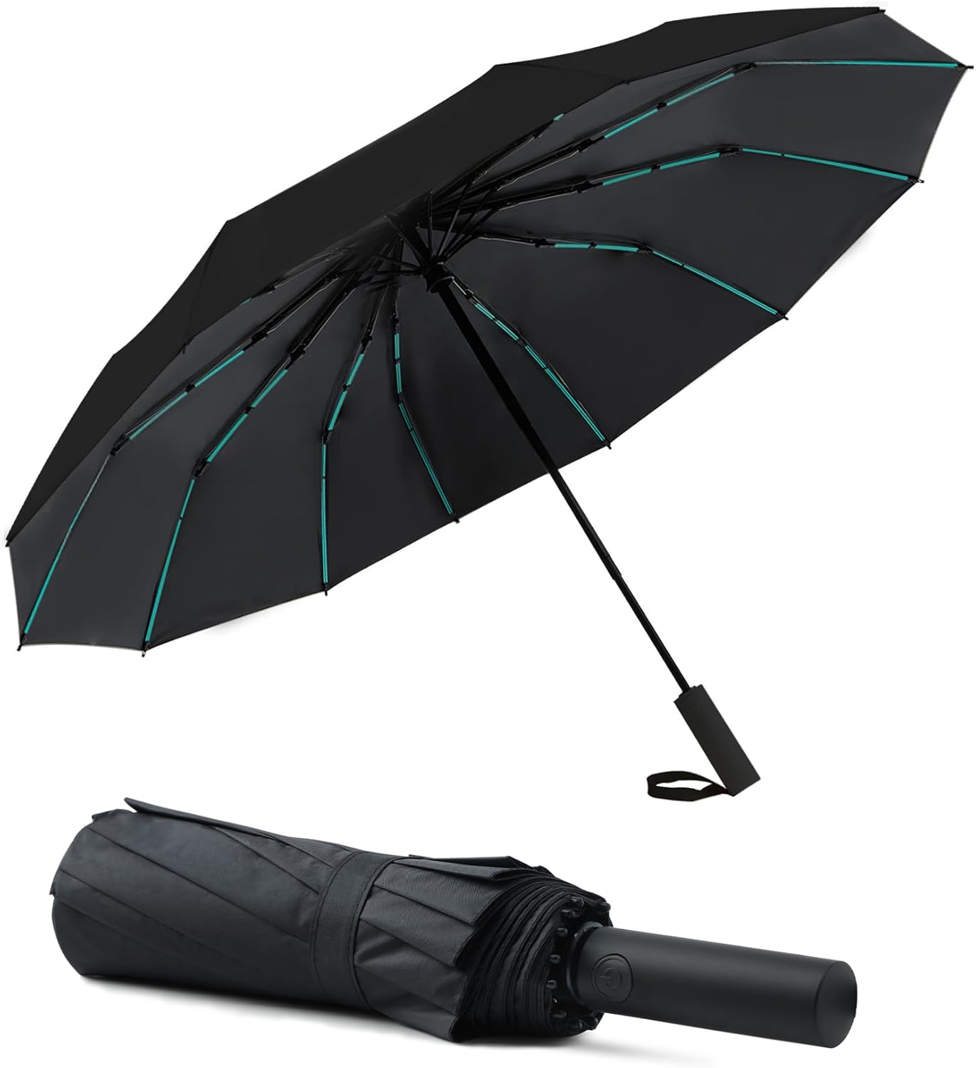 Large Double-Ribs Umbrella Automatic Folding Umbrella for Women Men, Travel, UPF 50+ UV Protection,46-Inch, 12 Ribs, Light Green