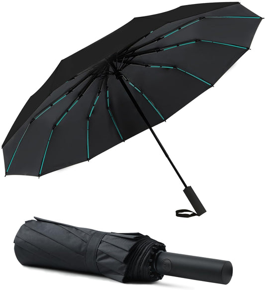 Large Double-Ribs Umbrella Automatic Folding Umbrella for Women Men, Travel, UPF 50+ UV Protection,46-Inch, 12 Ribs, Light Green
