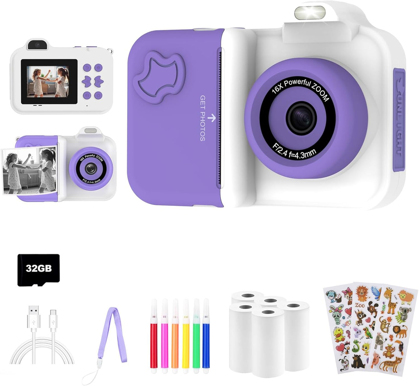 Kids Camera Instant Print, Christmas Birthday Gifts Toys for Girls Boys Age 4 5 6 7 8 9 10 11 12 Years Old,1080P HD Dual-Lens Selfie Digital Camera with 5 Rolls Print Paper Stickers Pens & 32G Card