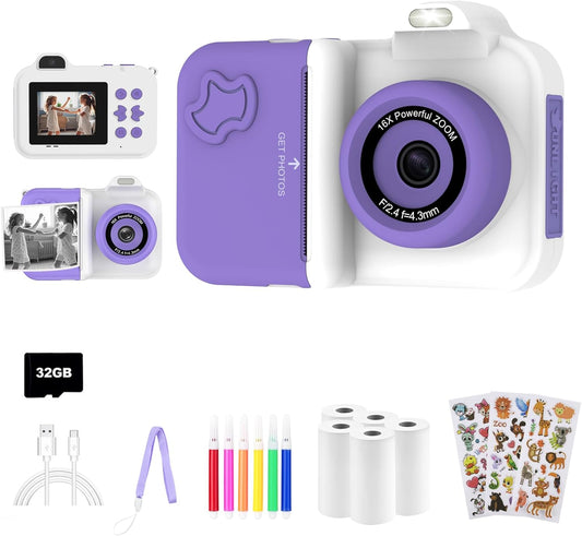 Kids Camera Instant Print, Christmas Birthday Gifts Toys for Girls Boys Age 4 5 6 7 8 9 10 11 12 Years Old,1080P HD Dual-Lens Selfie Digital Camera with 5 Rolls Print Paper Stickers Pens & 32G Card