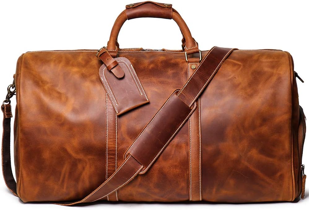 Leather Travel Luggage Bag, Mens Duffle Retro Carry on Handbag(Brown, 24 Inch)