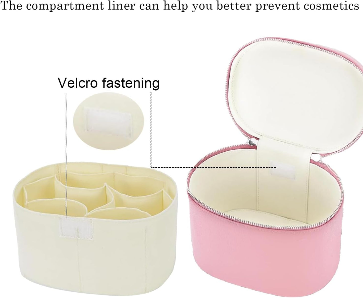 Leather Make Up Bags With Compartments, Pink Travel Cosmetic Bags for Women, Parallel Makeup Travel Bags Organizer Equipped With a Detachable Divider