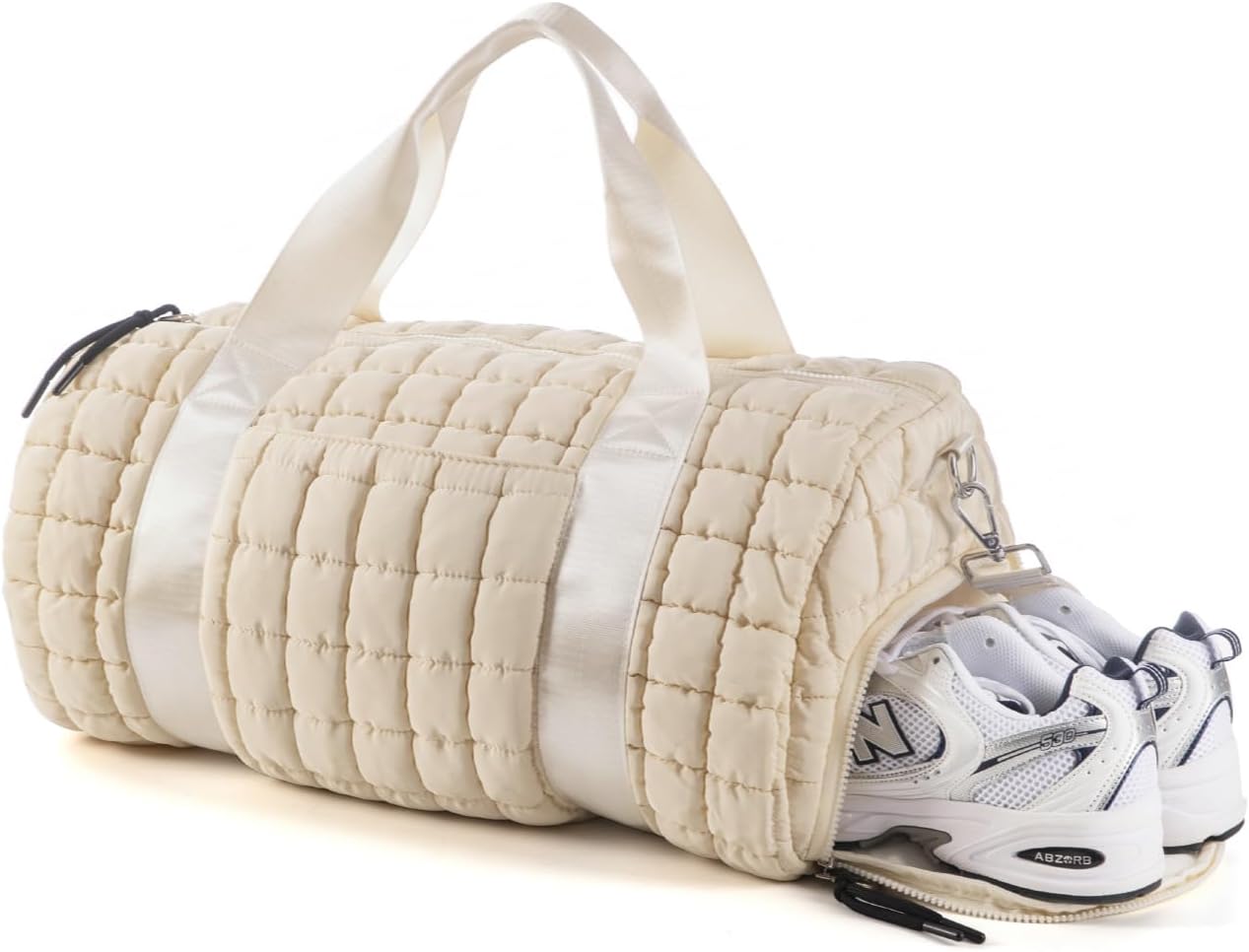 Quilted Duffel Gym Bag for Men and Women Carry On Travel Sport Weekender Bag, Off White