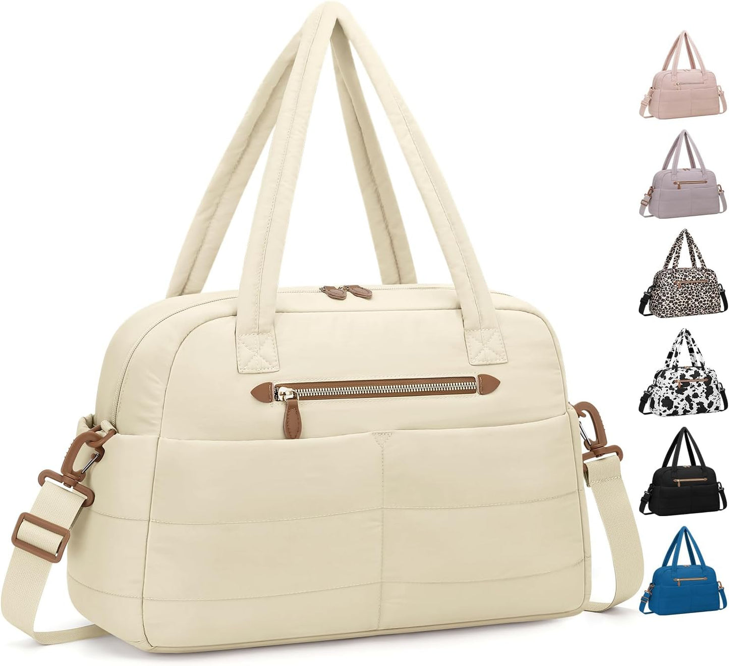 Travel Duffle Bag,Puffer Carry On Duffel Bag with Laptop Compartment Waterproof Overnight Weekender Bags for Women Large Hospital Tote Bags for Labor and Delivery(Medium,Beige）