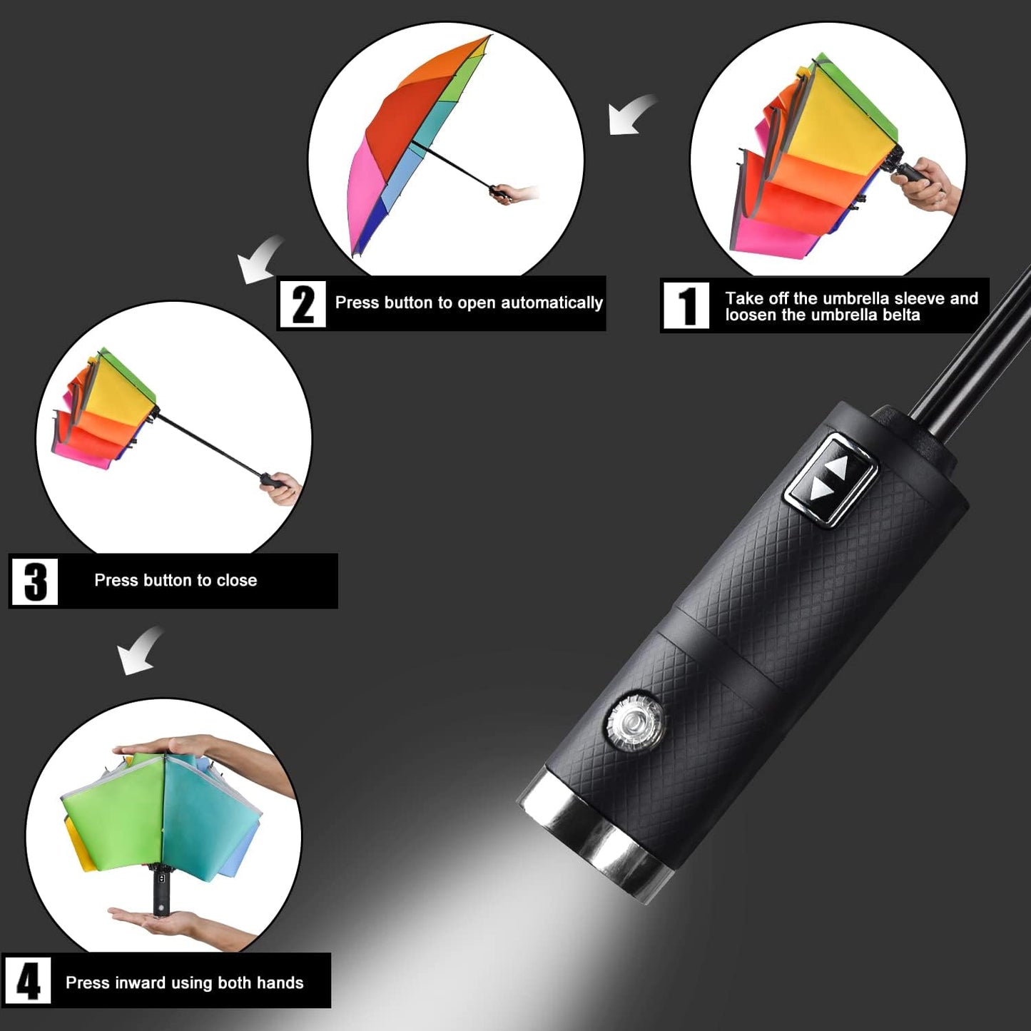 Lejorain Inverted Rainbow LED Umbrella - Folding Reverse Automatic Travel Umbrellas Compact for Rain Windproof Women - Portable Upside Down Collapsible Reflective Umbrella