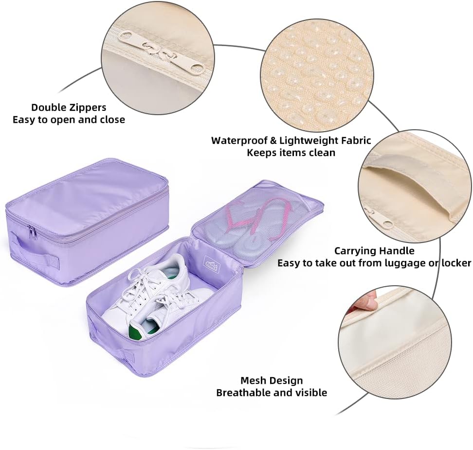 Travel Shoe Bags, Foldable Waterproof Shoe Pouches Organizer-Double Layer (2+2 Purple Shoebags)