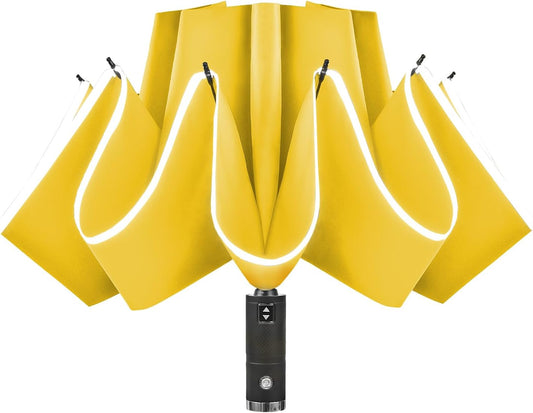 Lejorain Automatic Folding Umbrella Inverted - Upside Down Yellow Windproof Umbrella LED Flashlight Handle With Reflective Strip