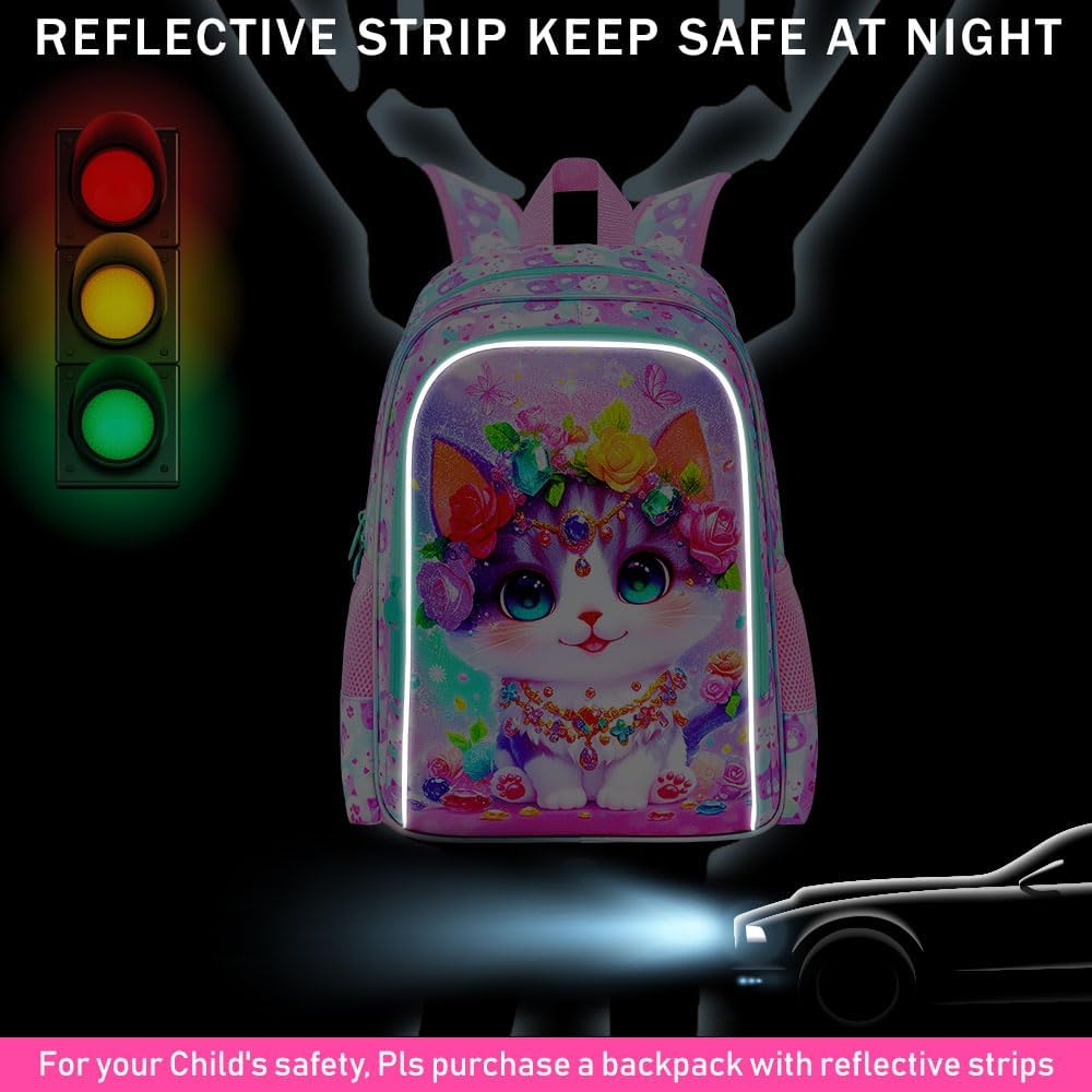 16" Cat Backpack for School, Girls Kids Bookbag with Lunch Box，3Pcs Backpacks for Elementary Preschool Kindergarten (Pink)