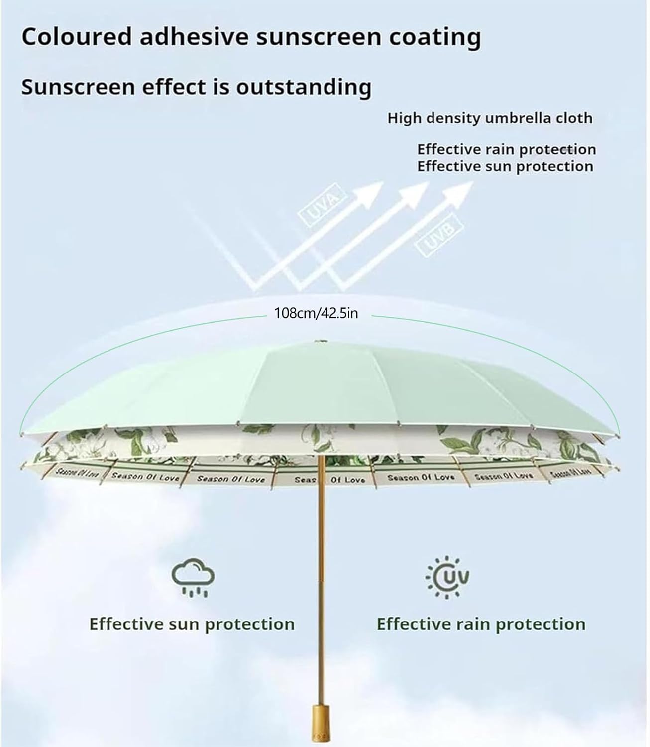 Folding umbrella for rain and sun UPF 50+ UV Protection Windproof waterproofing and Strong Travel Essentials for Men Womens Umbrella 16 Ribs Wooden Handle Flower Travel Umbrella Compact